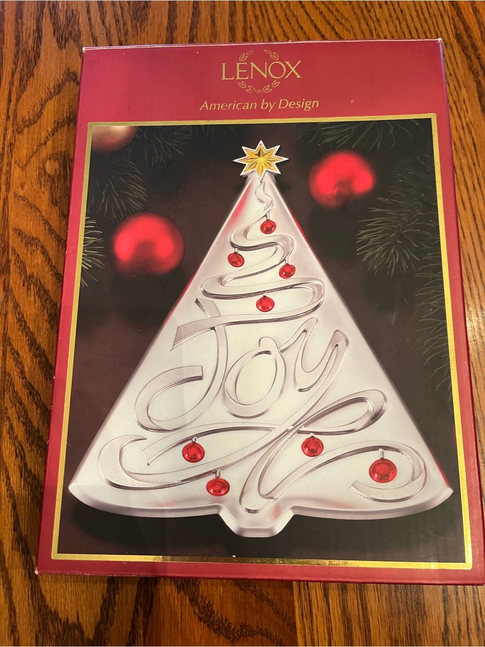 Lenox Silver Holiday Tree Plate with Red Ornaments and Gold Star